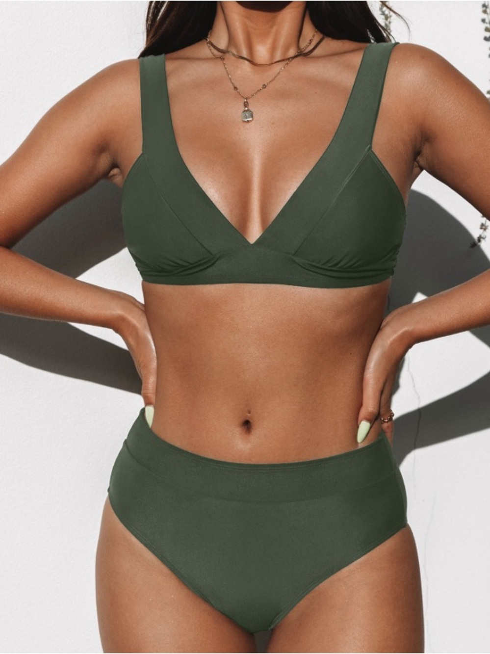 Cupshe Olive Green V-Neck Two-Piece Bikini banded high waist medium New